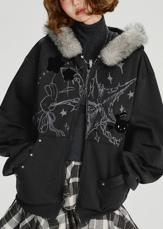 Dark Grey Fur Collar Patchwork Cotton Hooded Coat Spring