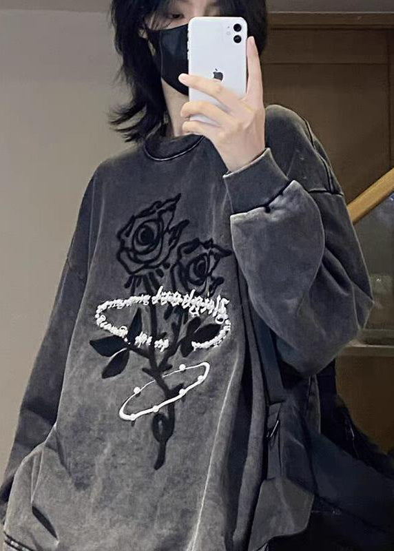 Dark Grey O-neck Rose Print Warm Fleece Pullover Long Sleeve