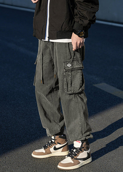 Dark Grey Pockets Cotton Beam Pants Spring
