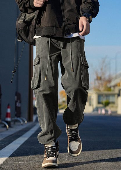 Dark Grey Pockets Cotton Beam Pants Spring