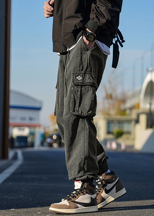 Dark Grey Pockets Cotton Beam Pants Spring
