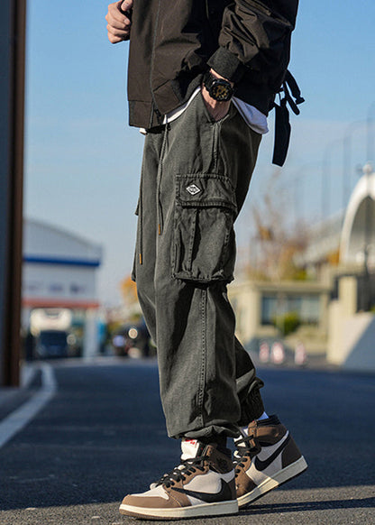 Dark Grey Pockets Cotton Beam Pants Spring