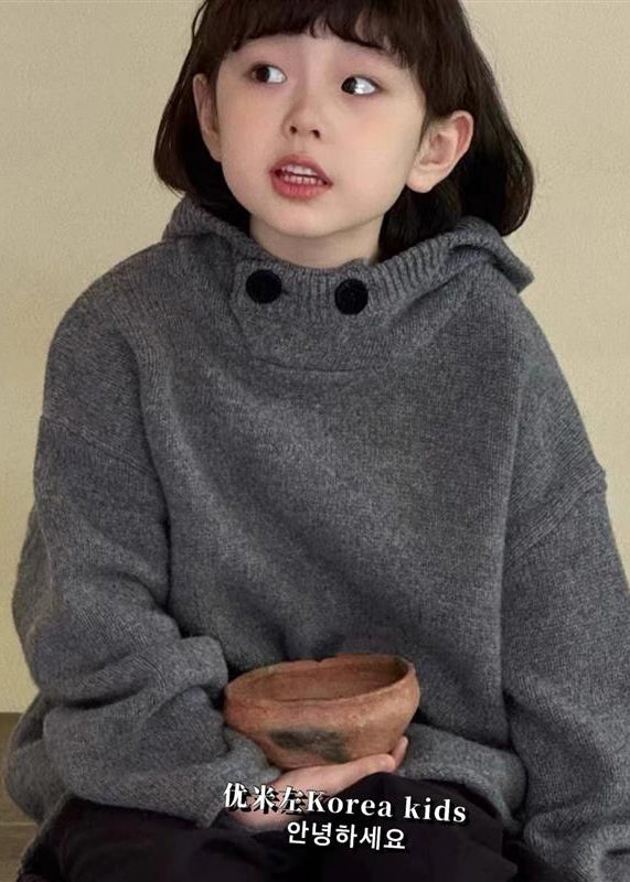 Dark Grey Thick Patchwork Cotton Knit Kids Hooded Sweater Spring