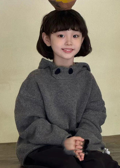Dark Grey Thick Patchwork Cotton Knit Kids Hooded Sweater Spring