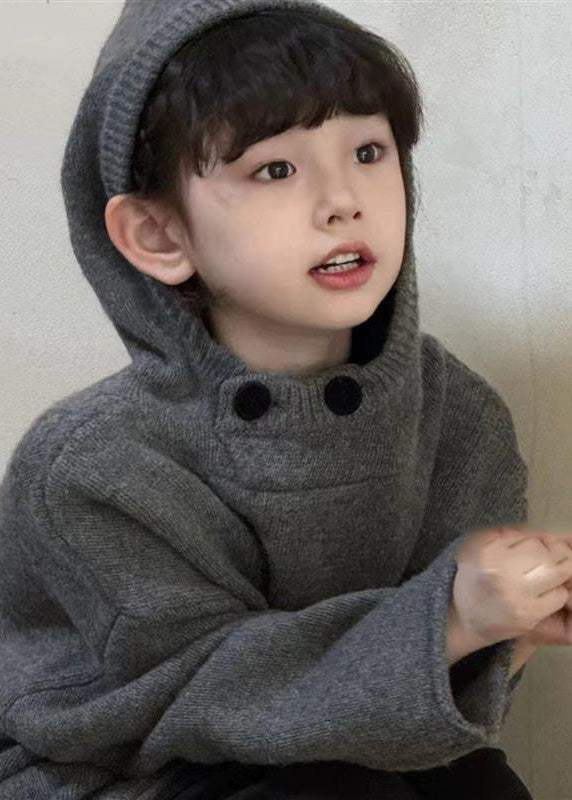 Dark Grey Thick Patchwork Cotton Knit Kids Hooded Sweater Spring