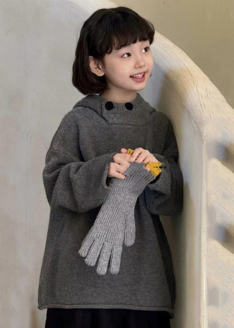 Dark Grey Thick Patchwork Cotton Knit Kids Hooded Sweater Spring