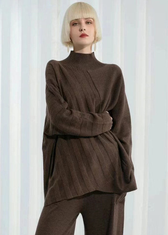 Dark Khaki Turtle Neck Thick Asymmetrical Design Wool Sweater Long Sleeve