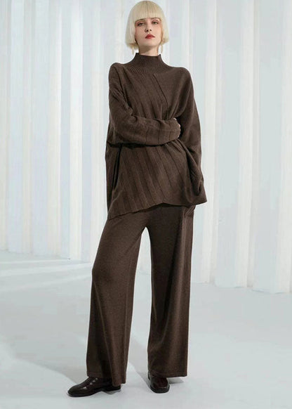 Dark Khaki Turtle Neck Thick Asymmetrical Design Wool Sweater Long Sleeve