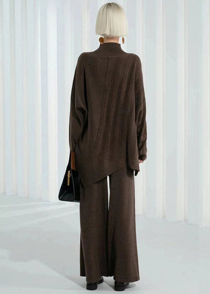 Dark Khaki Turtle Neck Thick Asymmetrical Design Wool Sweater Long Sleeve
