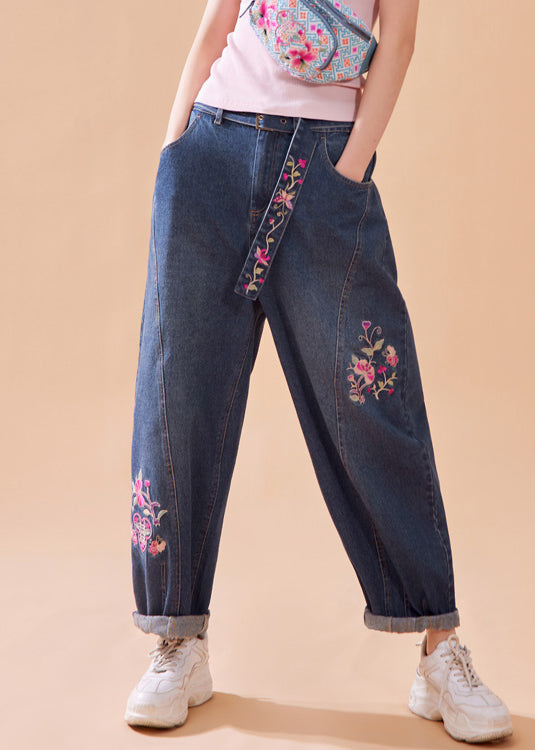 Denim Blue Embroideried Button Pockets Zippered Wide Leg Pants Summer