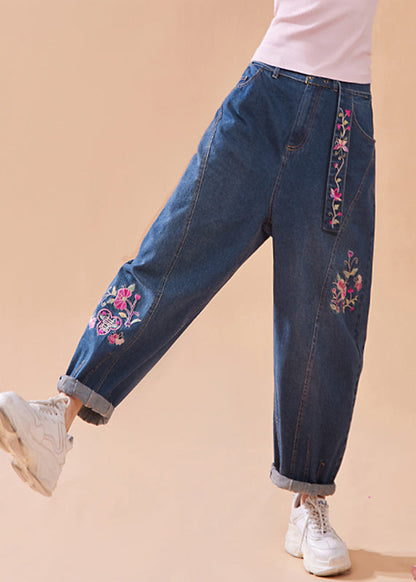 Denim Blue Embroideried Button Pockets Zippered Wide Leg Pants Summer