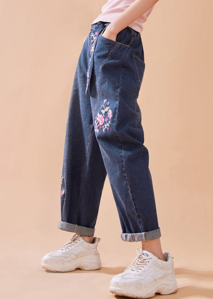 Denim Blue Embroideried Button Pockets Zippered Wide Leg Pants Summer