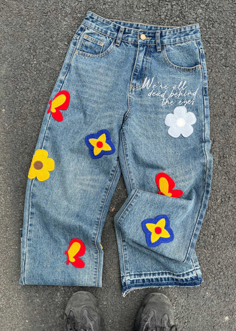 Denim Blue Embroideried High Waist Pants