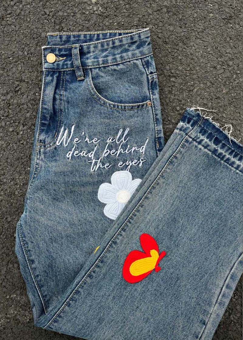 Denim Blue Embroideried High Waist Pants