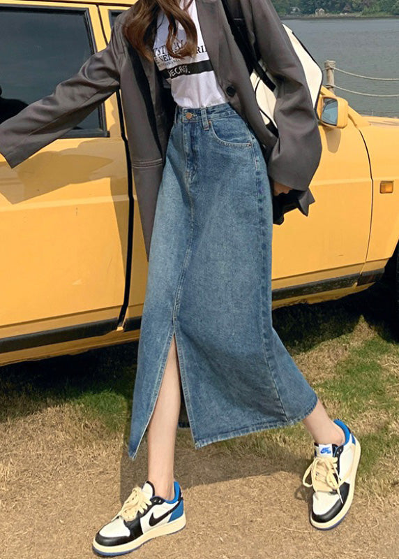 Denim Blue High Waist Patchwork a Line Skirts Summer