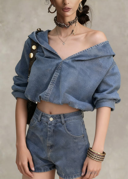Denim Blue Hooded Coat and Shorts Two Pieces Set Spring