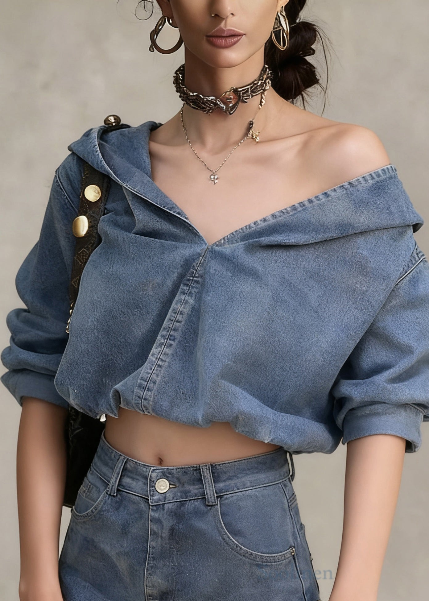 Denim Blue Hooded Coat and Shorts Two Pieces Set Spring