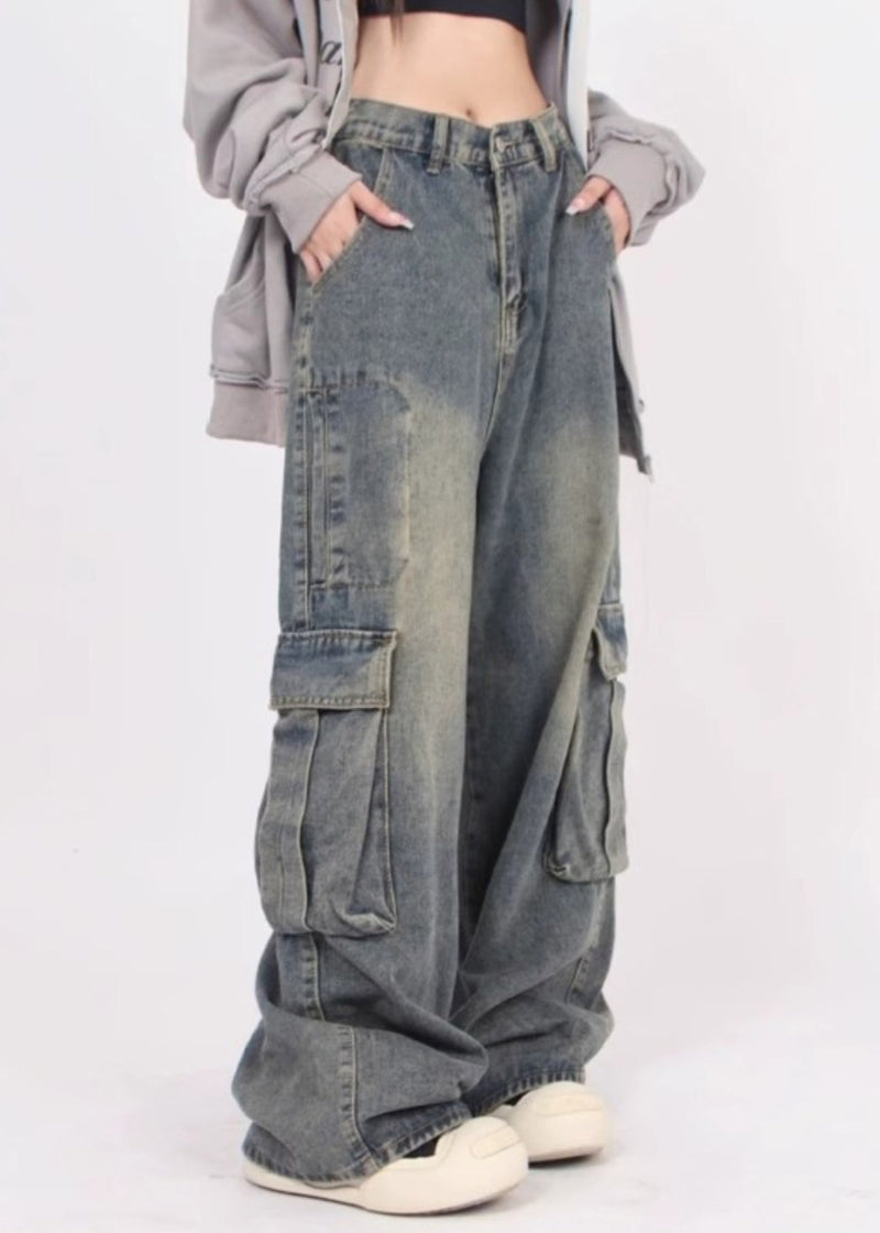 Denim Blue Patchwork Pockets Straight Pants Summer