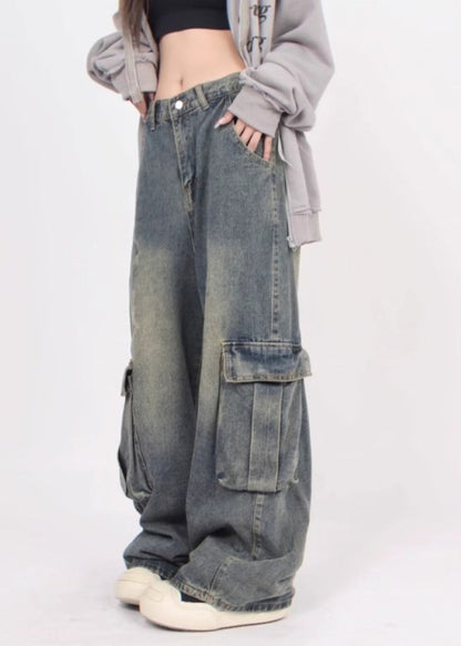 Denim Blue Patchwork Pockets Straight Pants Summer