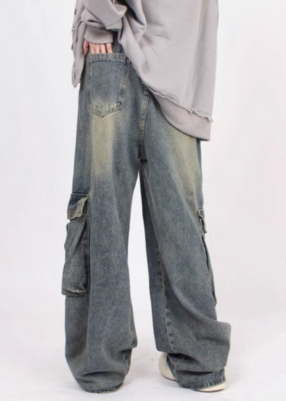 Denim Blue Patchwork Pockets Straight Pants Summer