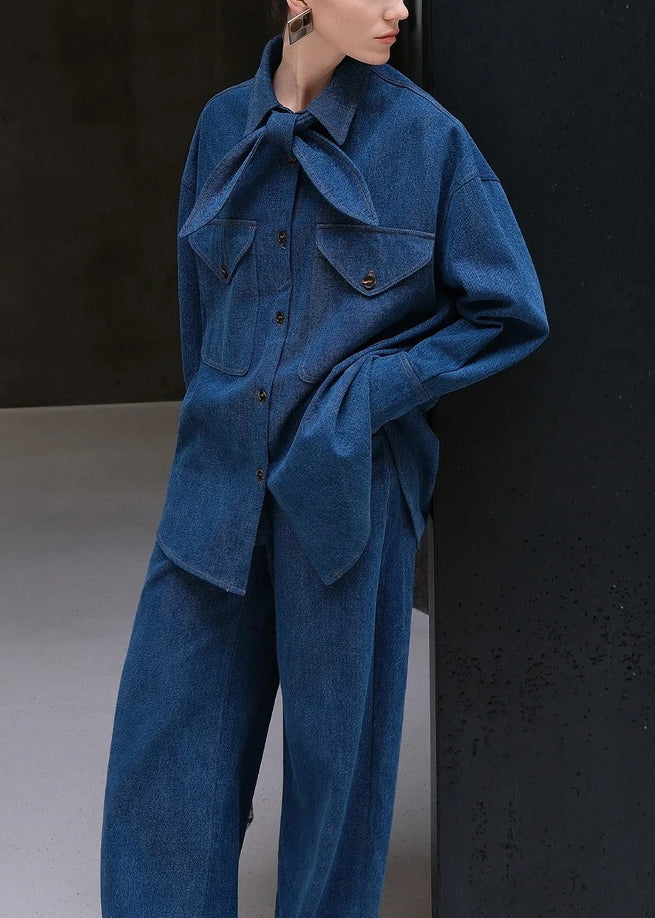 Denim Blue Peter Pan Collar Button Shirt and Pants Two Pieces Set Spring