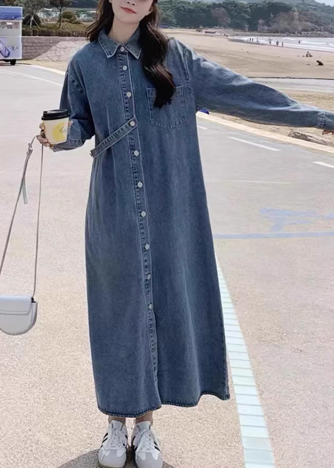 Denim Blue Peter Pan Collar Patchwork Button Long Dress Spring