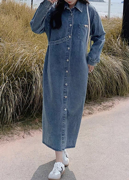 Denim Blue Peter Pan Collar Patchwork Button Long Dress Spring