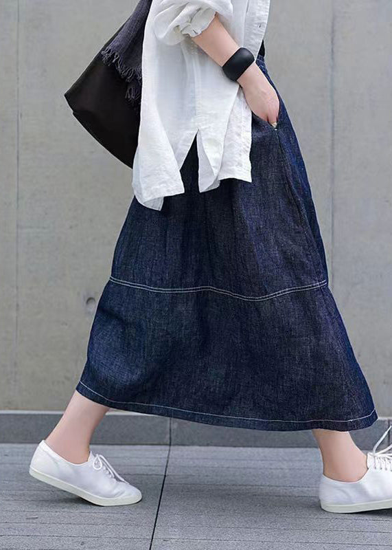 Denim Blue Pockets Elastic Waist Patchwork Skirts Spring