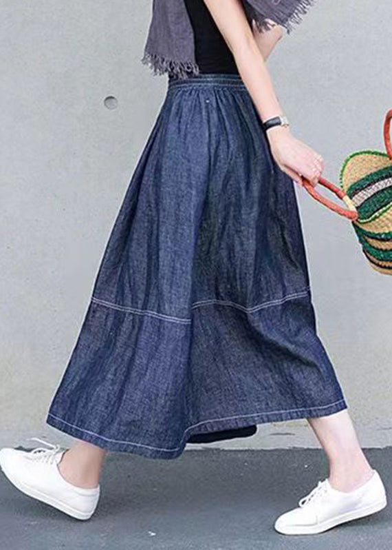 Denim Blue Pockets Elastic Waist Patchwork Skirts Spring