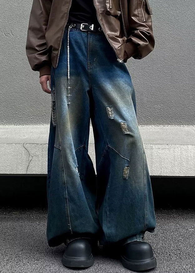 Denim Blue Pockets Patchwork Pants Summer