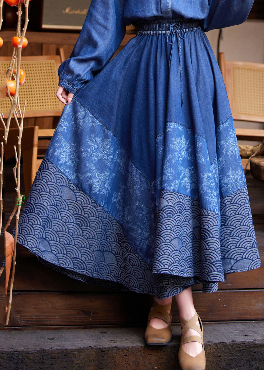 Denim Blue Print Tie Waist Maxi Skirt Summer