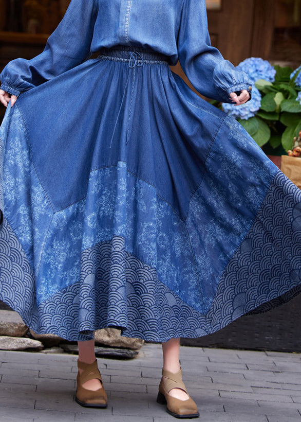 Denim Blue Print Tie Waist Maxi Skirt Summer