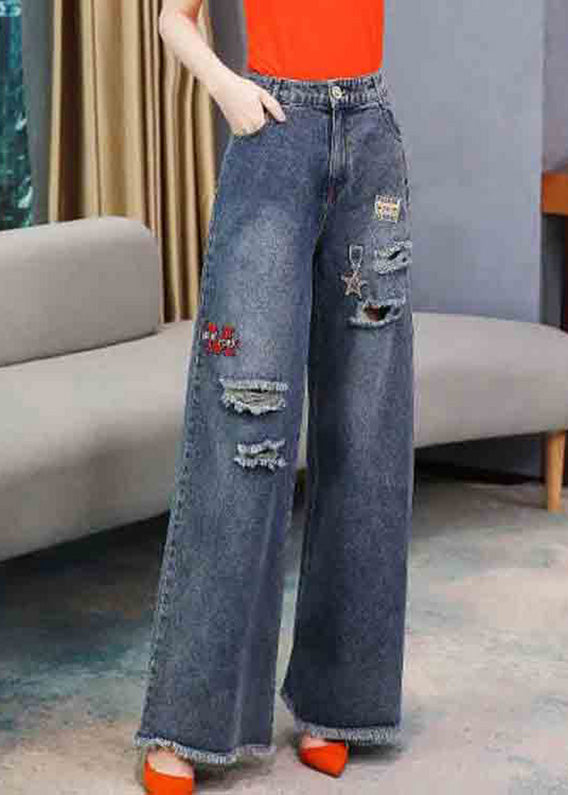 Denim Navy Embroideried Elastic Waist Long Wide Leg Pants