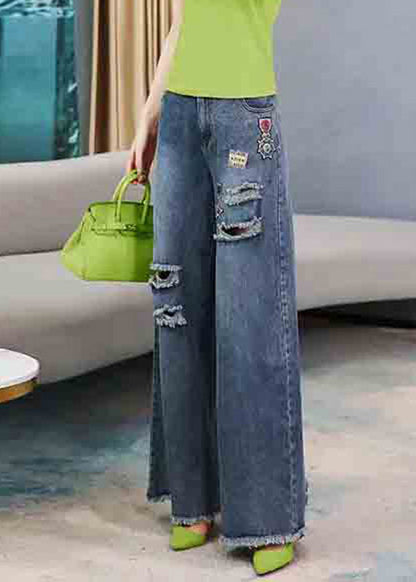 Denim Navy Embroideried Elastic Waist Long Wide Leg Pants