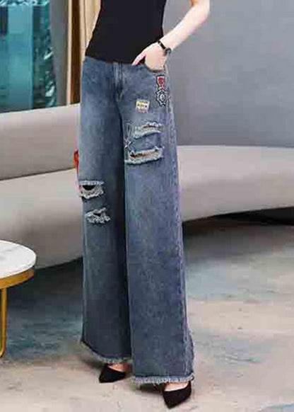 Denim Navy Embroideried Elastic Waist Long Wide Leg Pants