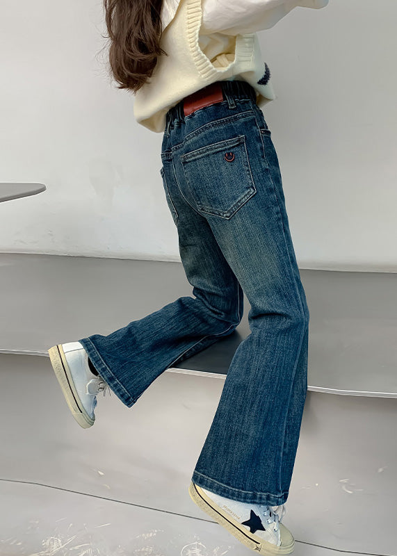 Denim Navy Pockets Patchwork Kids Flared Pants Spring