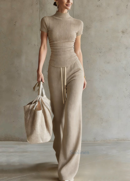 Drawstring Top and Wide Leg Pants Two Piece Set Short Sleeve