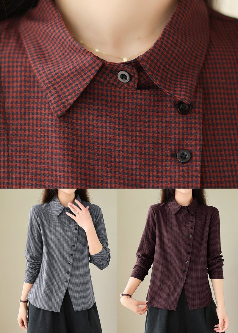 Dull Red Peter Pan Collar Plaid Button Cotton Shirt Spring