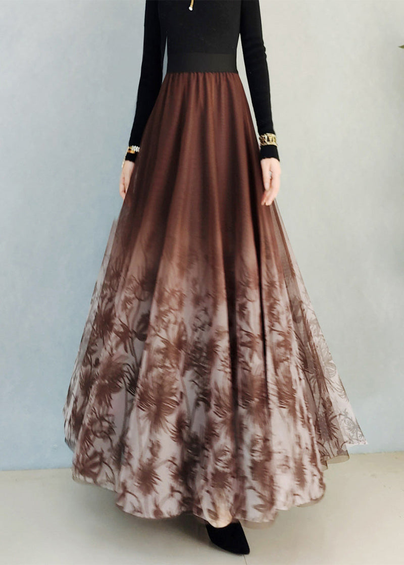 Embroideried Elastic Waist Tulle a Line Skirt Spring