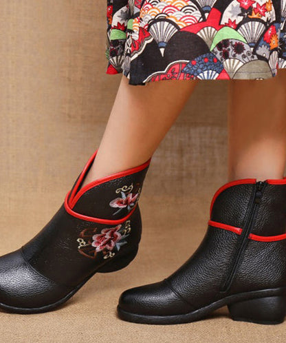 Embroidery Warm Fleece Boots Black Chunky Cowhide Leather