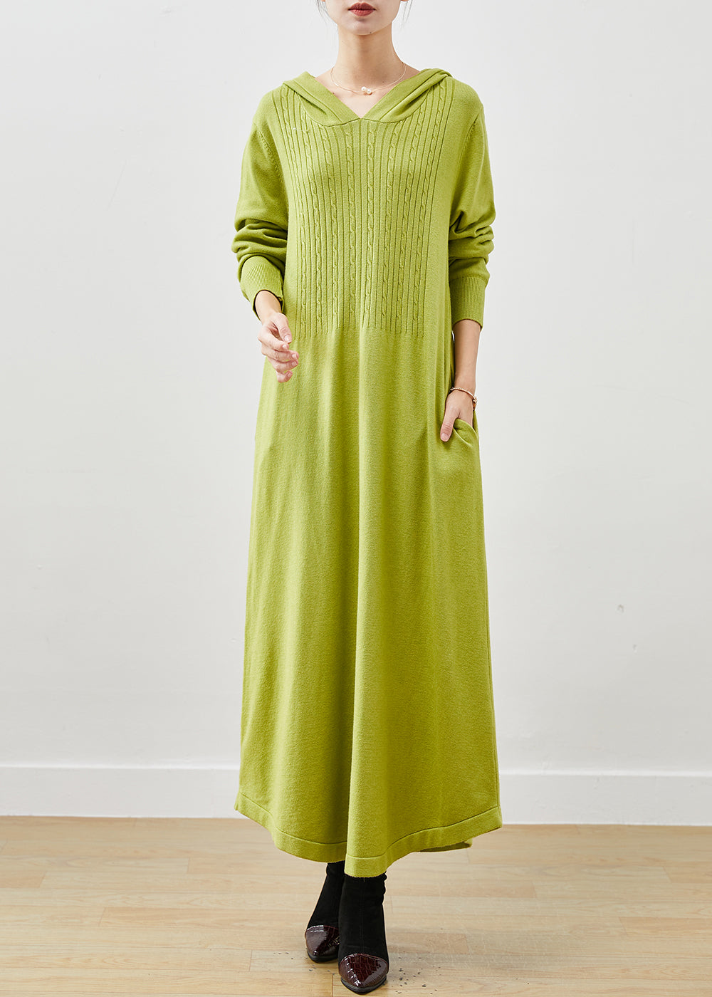 Fluorescent Green Hooded Knit Dress Spring
