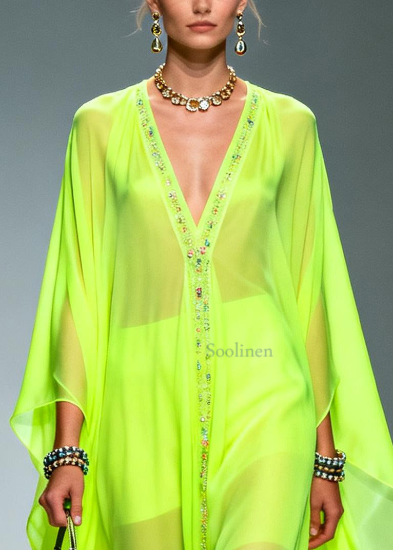 Fluorescent Green Oversized Zircon Chiffon Long Dress Summer