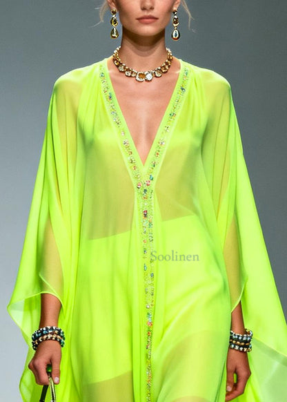 Fluorescent Green Oversized Zircon Chiffon Long Dress Summer