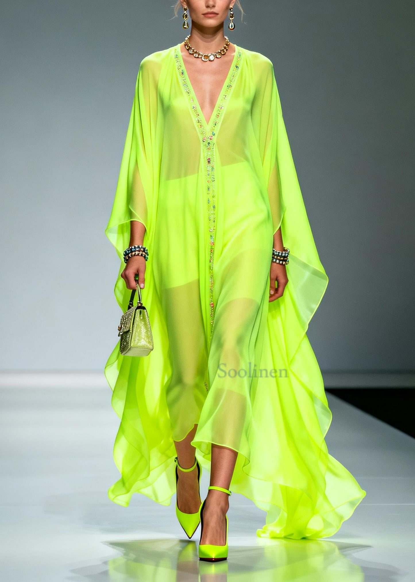 Fluorescent Green Oversized Zircon Chiffon Long Dress Summer