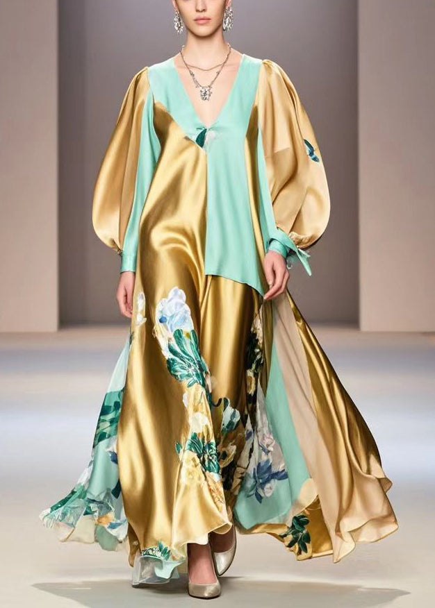 Golden Asymmetrical Patchwork Print Silk Vacation Dress Spring