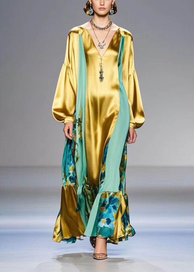 Golden Patchwork Silk Dress V Neck Lantern Sleeve