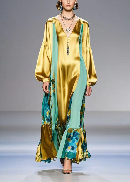 Golden Patchwork Silk Dress V Neck Lantern Sleeve