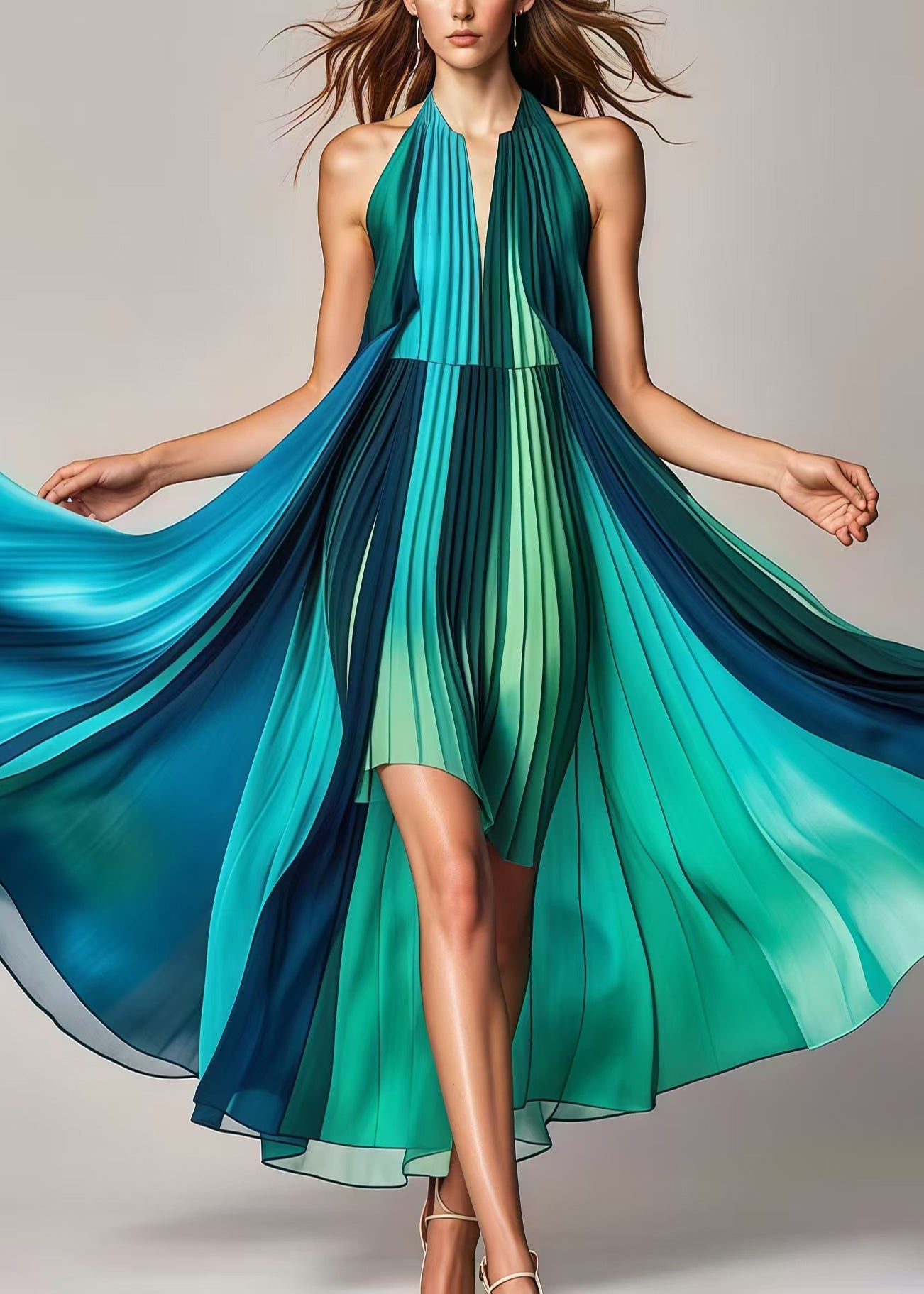 Gradient Color Asymmetrical Exra Large Hem Silk Pleated Dresses Summer