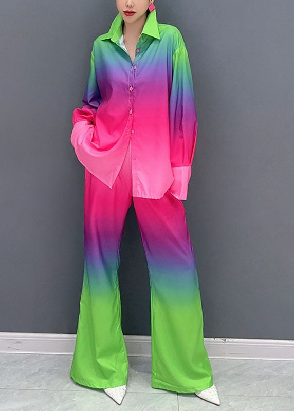 Gradient Color Button Shirts and Wide Leg Pants Two Piece Set Long Sleeve