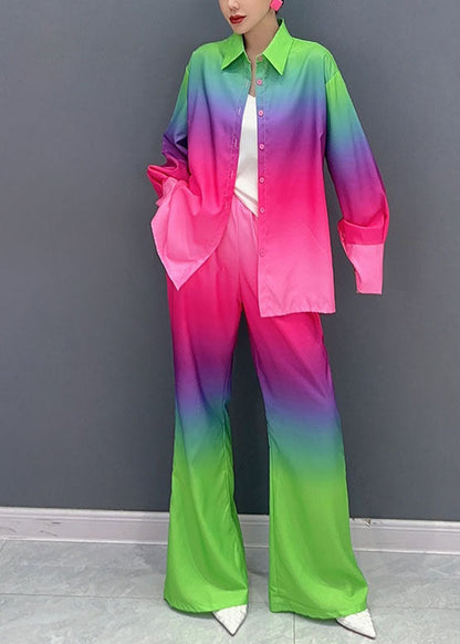 Gradient Color Button Shirts and Wide Leg Pants Two Piece Set Long Sleeve